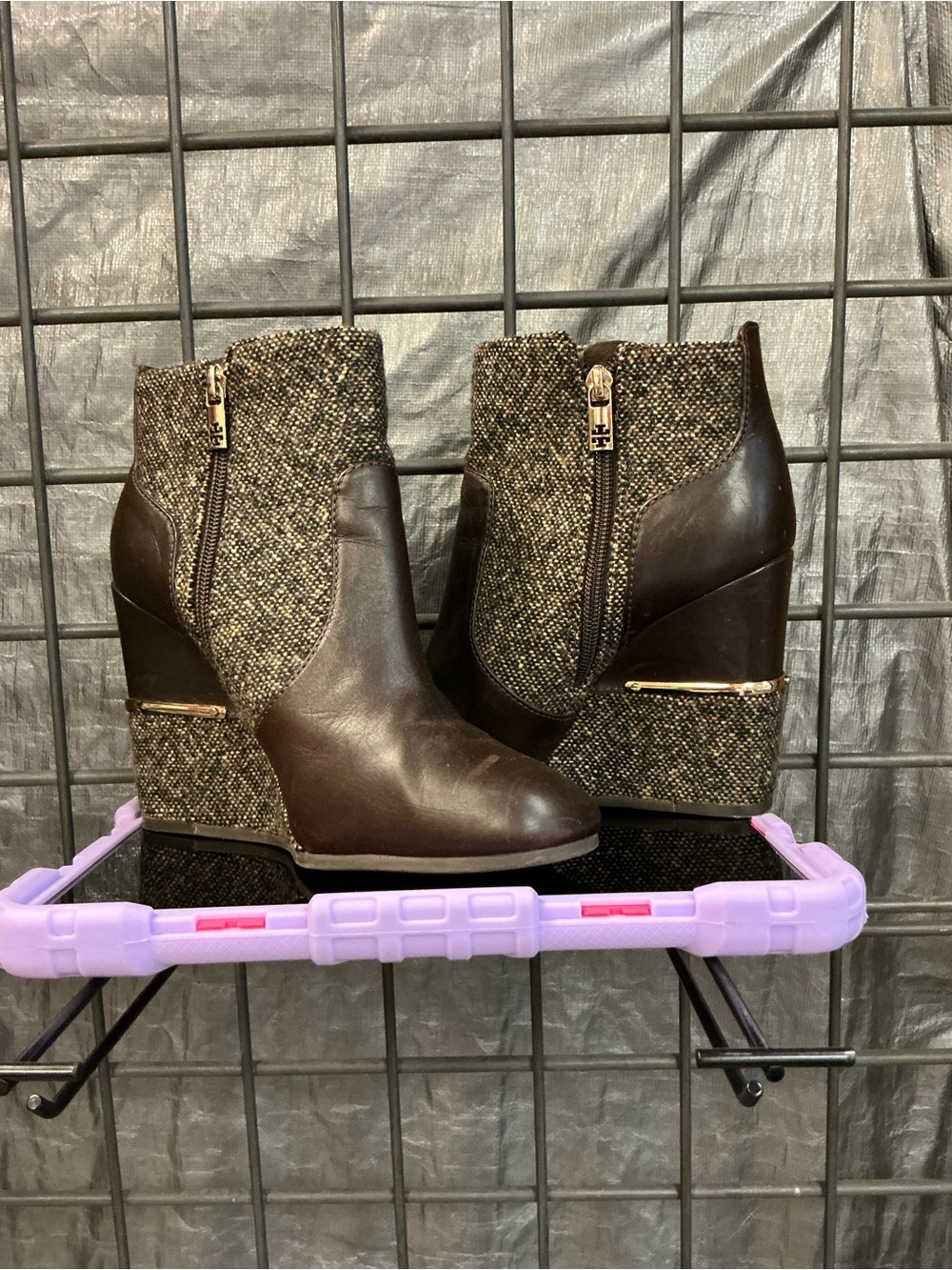Tory Burch Brown Leather & Tweed Wedge Ankle Boots with Gold Accent